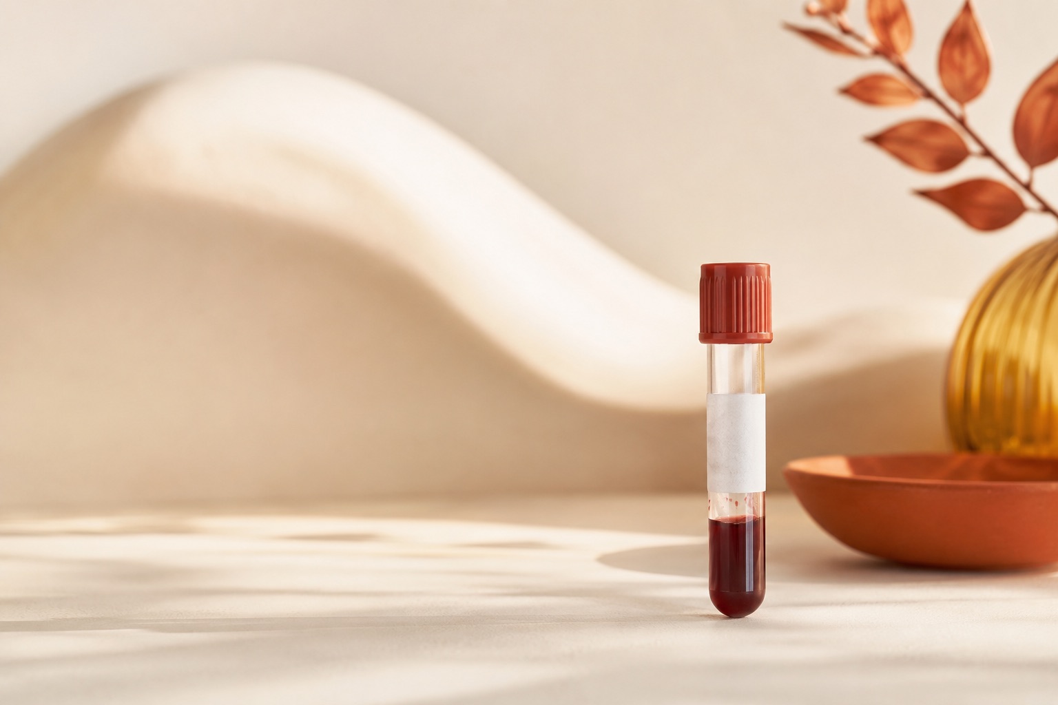 A single blood sample tube on a warm-toned surface