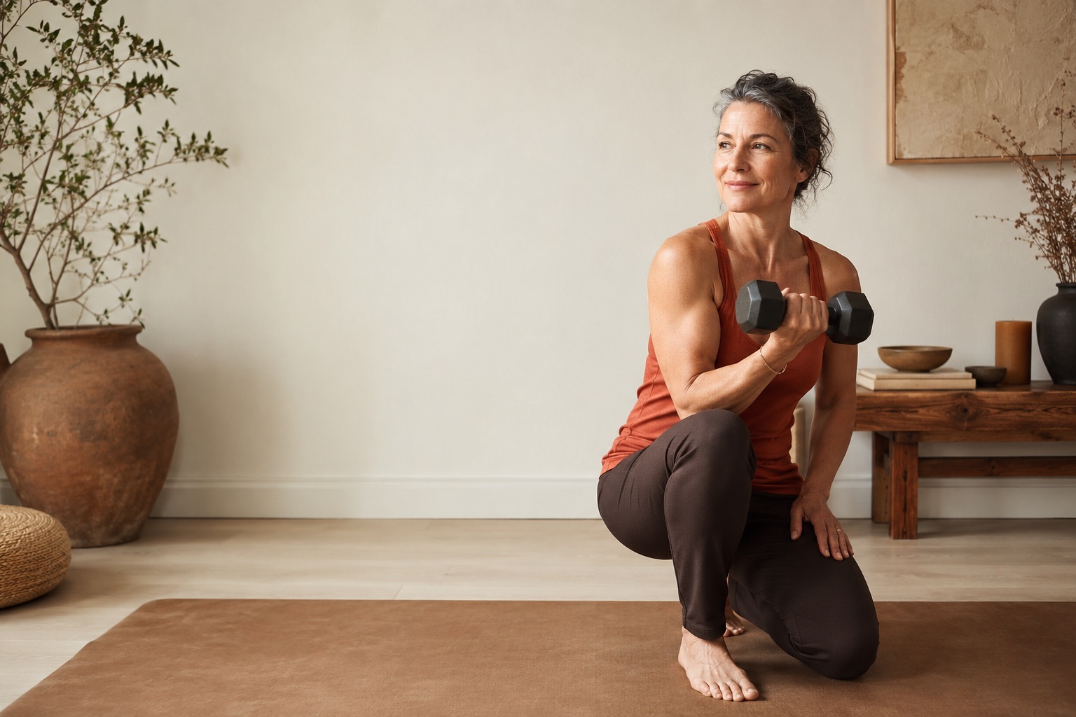 Woman strength training with a dumbbell in a calm, warm-toned room