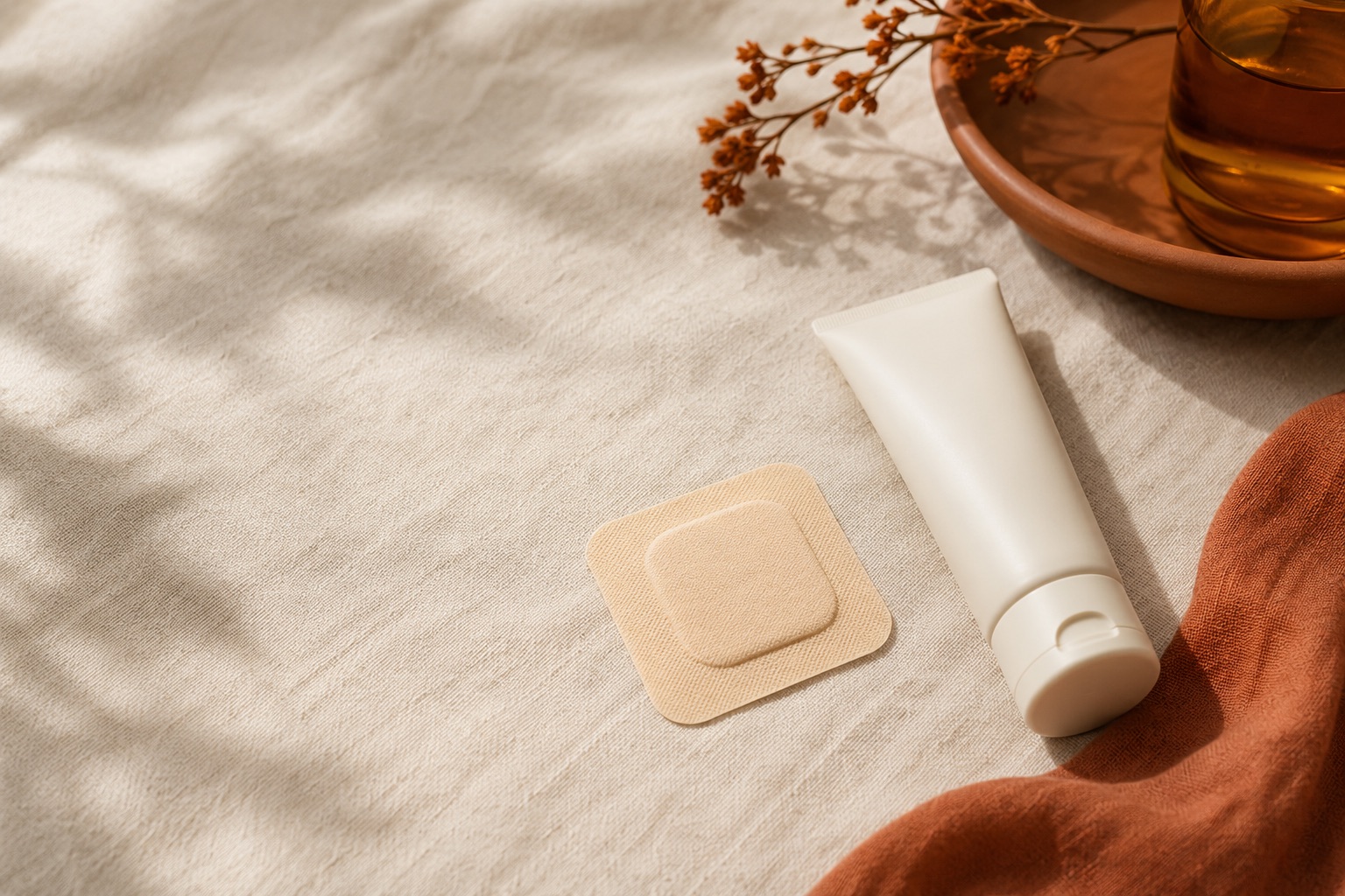 Hormone therapy patch and cream tube on natural linen in warm light