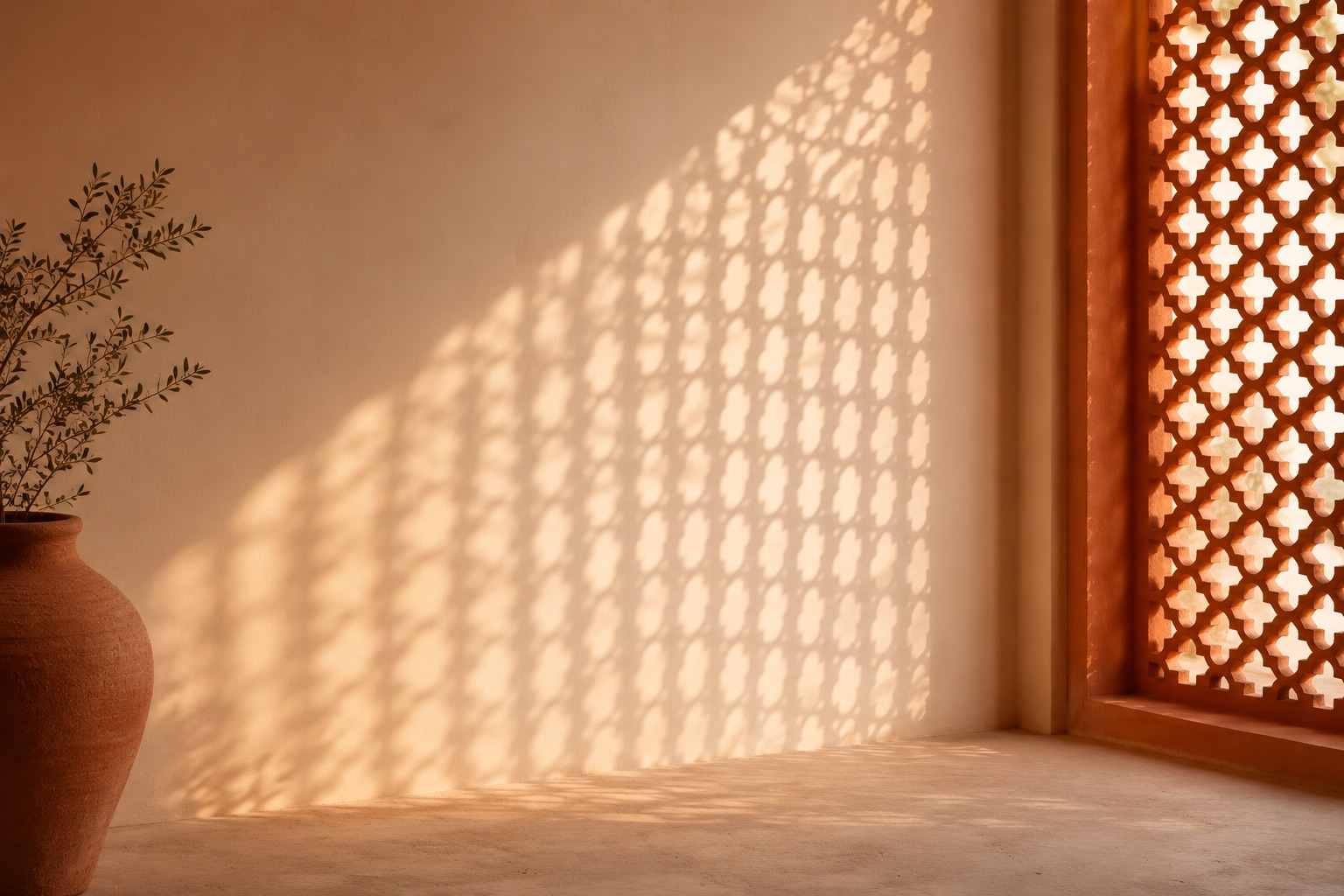 Sunlight through a carved lattice screen falling on a plaster wall