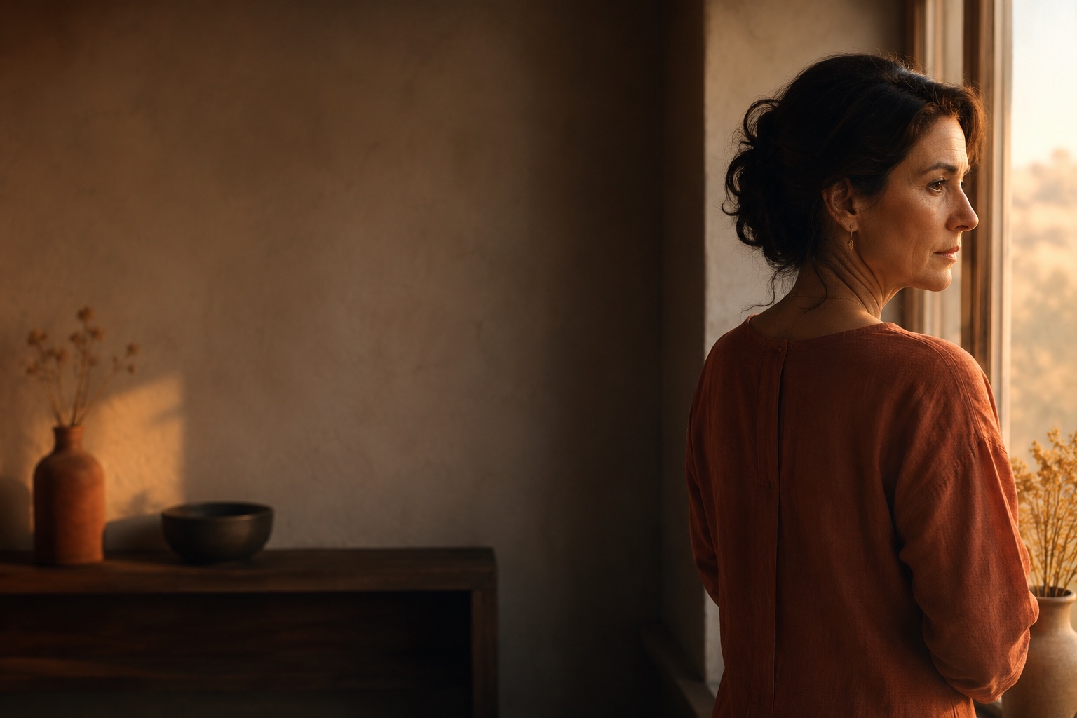 Woman standing by a window in warm evening light, looking away
