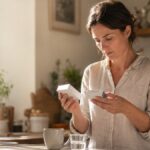 Woman in a sunlit kitchen comparing two HRT medication boxes and reading a label