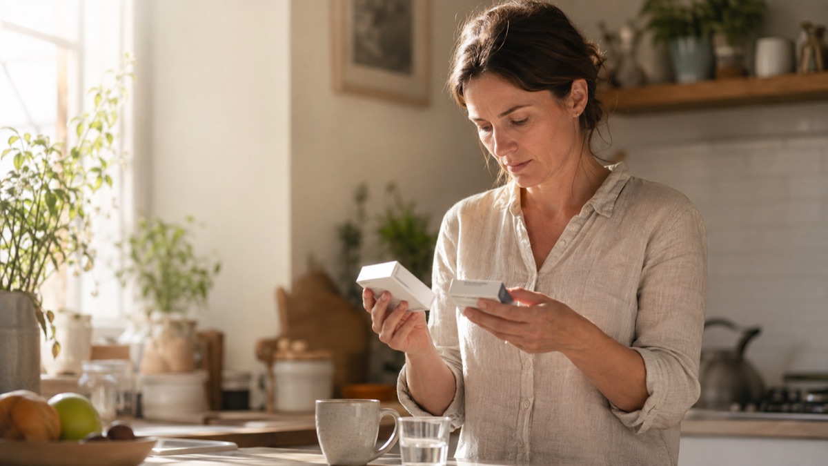 Woman in a sunlit kitchen comparing two HRT medication boxes and reading a label