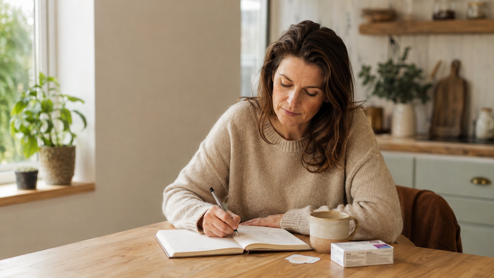 Woman writing in a symptom-tracking journal while tapering off HRT at her kitchen table
