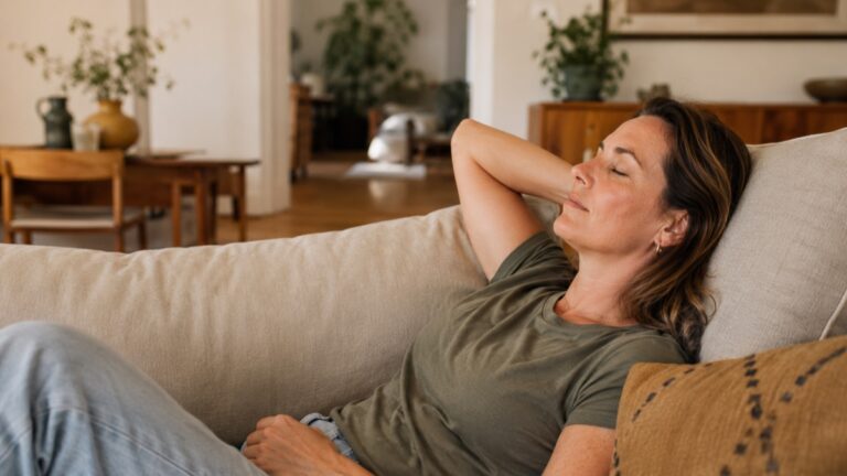 Woman lying back on a linen sofa with eyes closed, decompressing in warm light