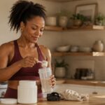 Woman in workout clothes mixing creatine powder into a shaker bottle in her kitchen