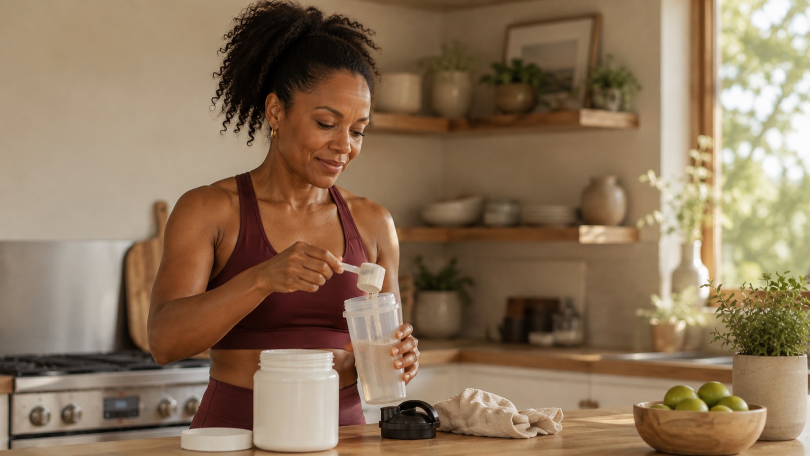 Woman in workout clothes mixing creatine powder into a shaker bottle in her kitchen