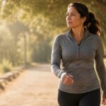 Woman power-walking along a tree-lined path in warm morning light