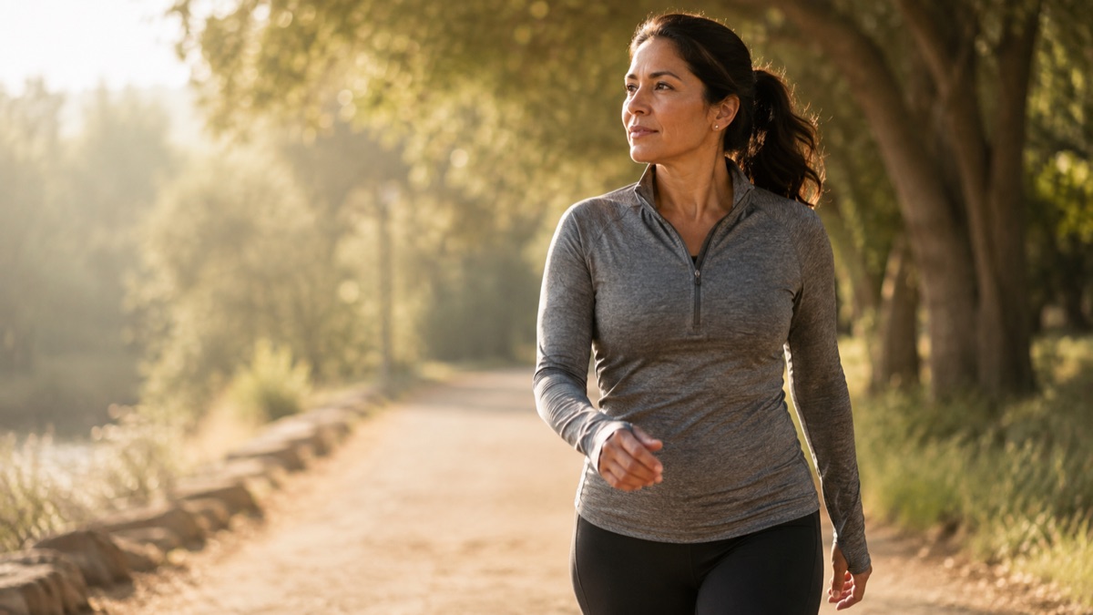 Woman power-walking along a tree-lined path in warm morning light