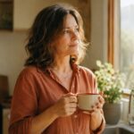 Woman in her mid-40s holding a mug by a bright kitchen window, a reflective moment noticing early perimenopause signs