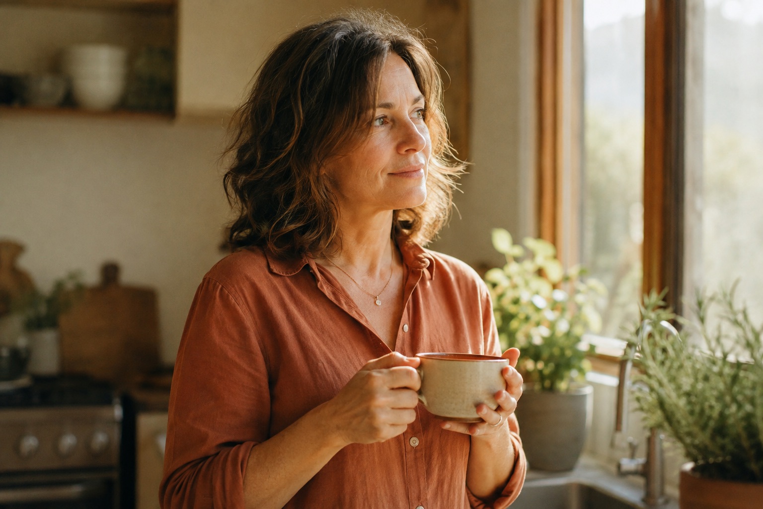 Woman in her mid-40s holding a mug by a bright kitchen window, a reflective moment noticing early perimenopause signs