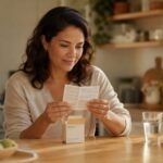 Woman at a kitchen counter reading a medication leaflet while considering non-hormonal hot flash treatment