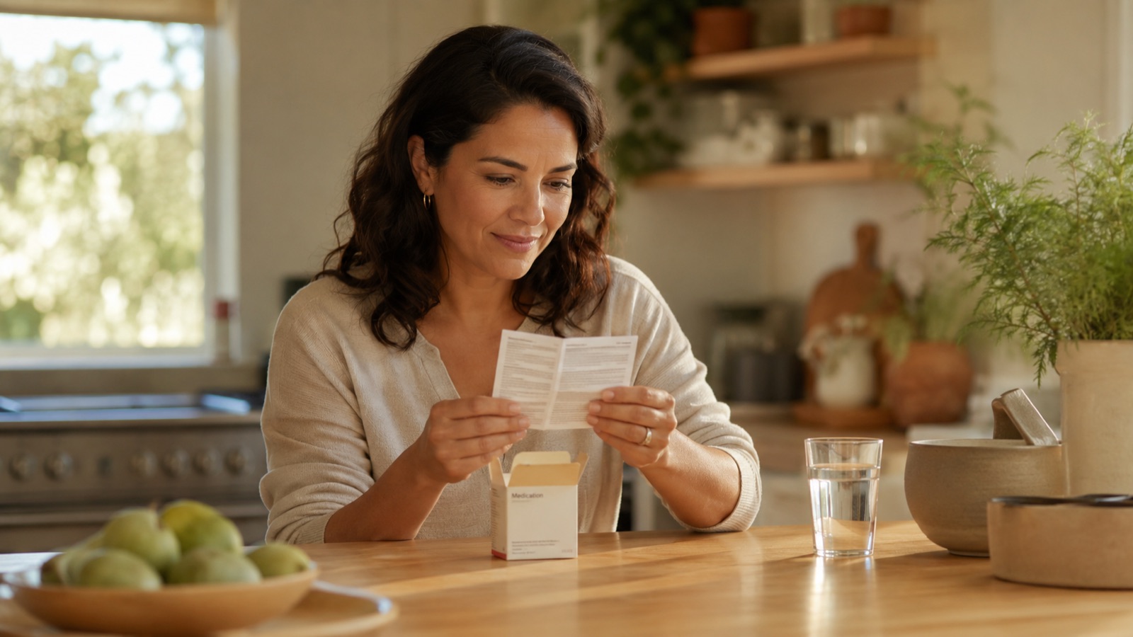Woman at a kitchen counter reading a medication leaflet while considering non-hormonal hot flash treatment