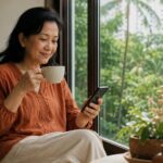 Woman in her fifties at home in Singapore with a cup of tea, researching menopause specialists on her phone