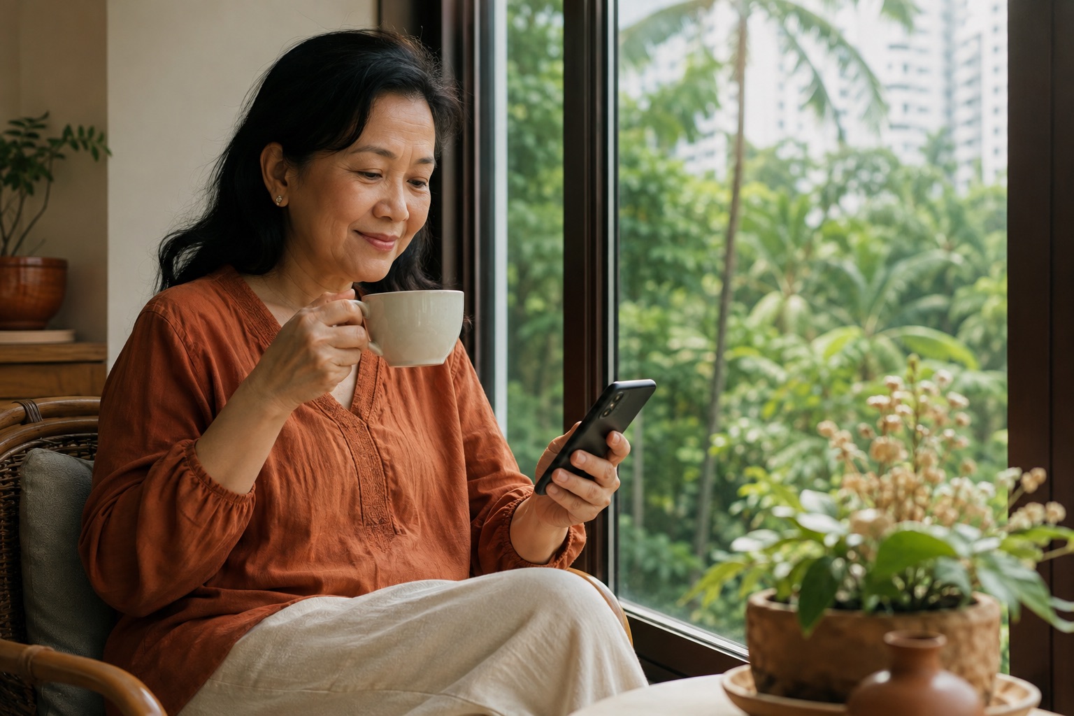 Woman in her fifties at home in Singapore with a cup of tea, researching menopause specialists on her phone
