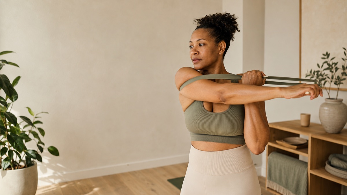 Woman doing a gentle shoulder stretch with a resistance band in a bright room