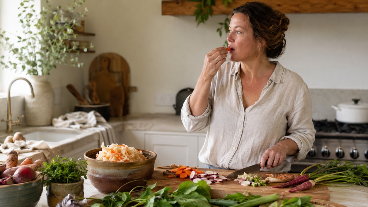 Woman chopping colourful vegetables beside a bowl of fermented food, tasting a piece