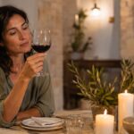 Woman at a candlelit dinner table thoughtfully considering a glass of red wine