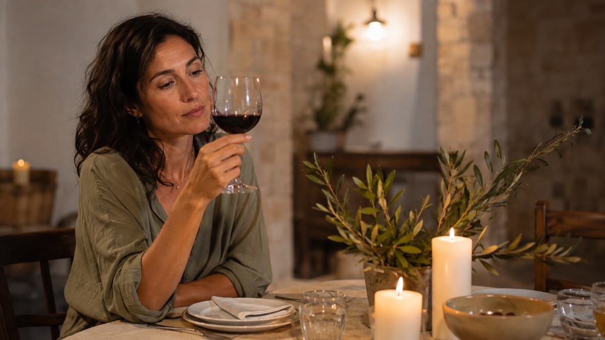 Woman at a candlelit dinner table thoughtfully considering a glass of red wine