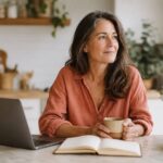 Woman around 50 with a laptop, notebook and tea at a bright kitchen table, calmly planning how to access HRT in Ireland