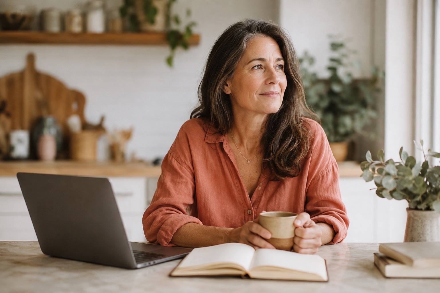 Woman around 50 with a laptop, notebook and tea at a bright kitchen table, calmly planning how to access HRT in Ireland