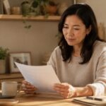 Woman calmly reading information about HRT and breast cancer risk at home