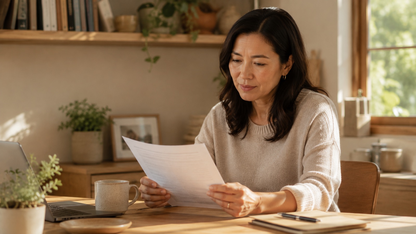 Woman calmly reading information about HRT and breast cancer risk at home