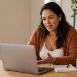 Woman on a telehealth video call discussing HRT options and cost from home