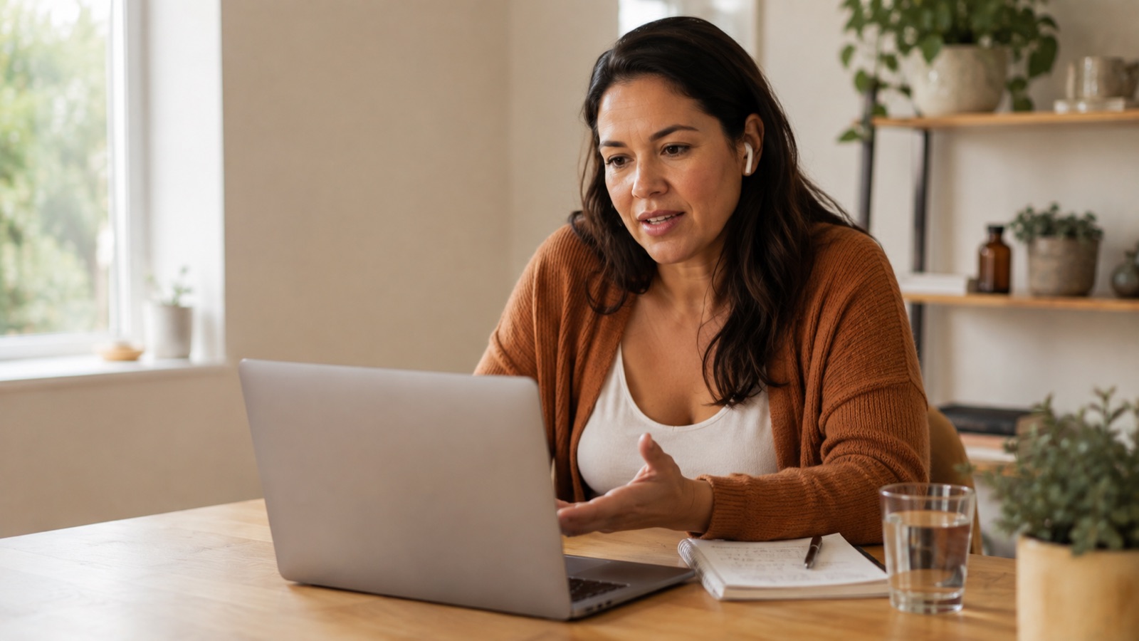Woman on a telehealth video call discussing HRT options and cost from home