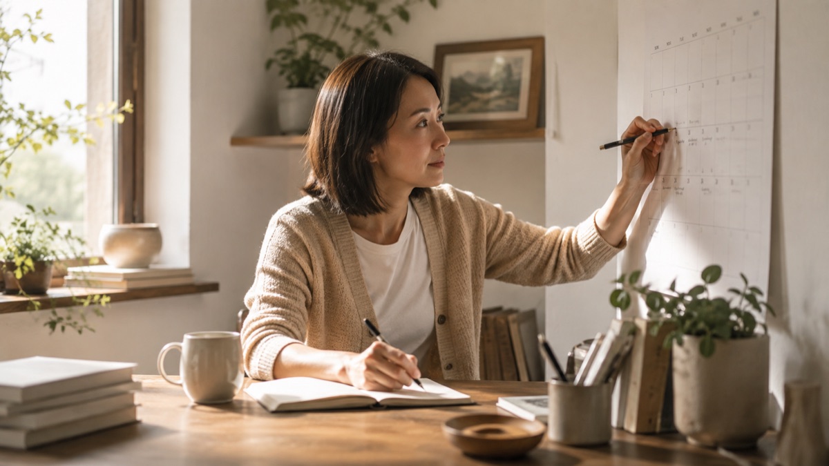 Woman marking a wall calendar and journalling at a sunlit desk