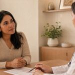 Woman in conversation with her doctor discussing HRT versus antidepressants for menopausal mood
