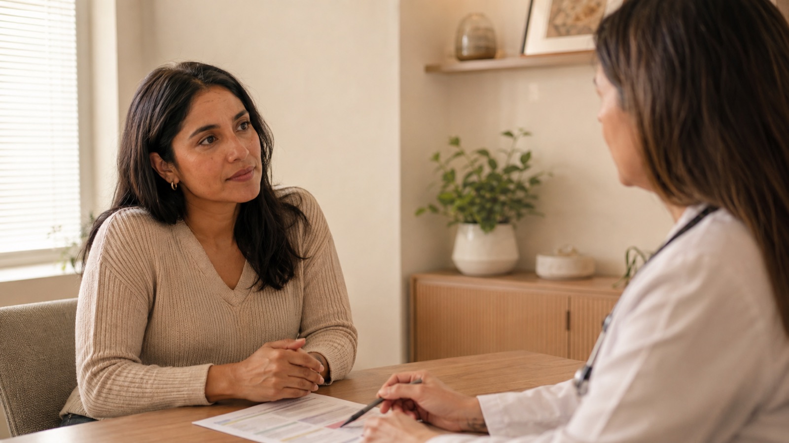 Woman in conversation with her doctor discussing HRT versus antidepressants for menopausal mood