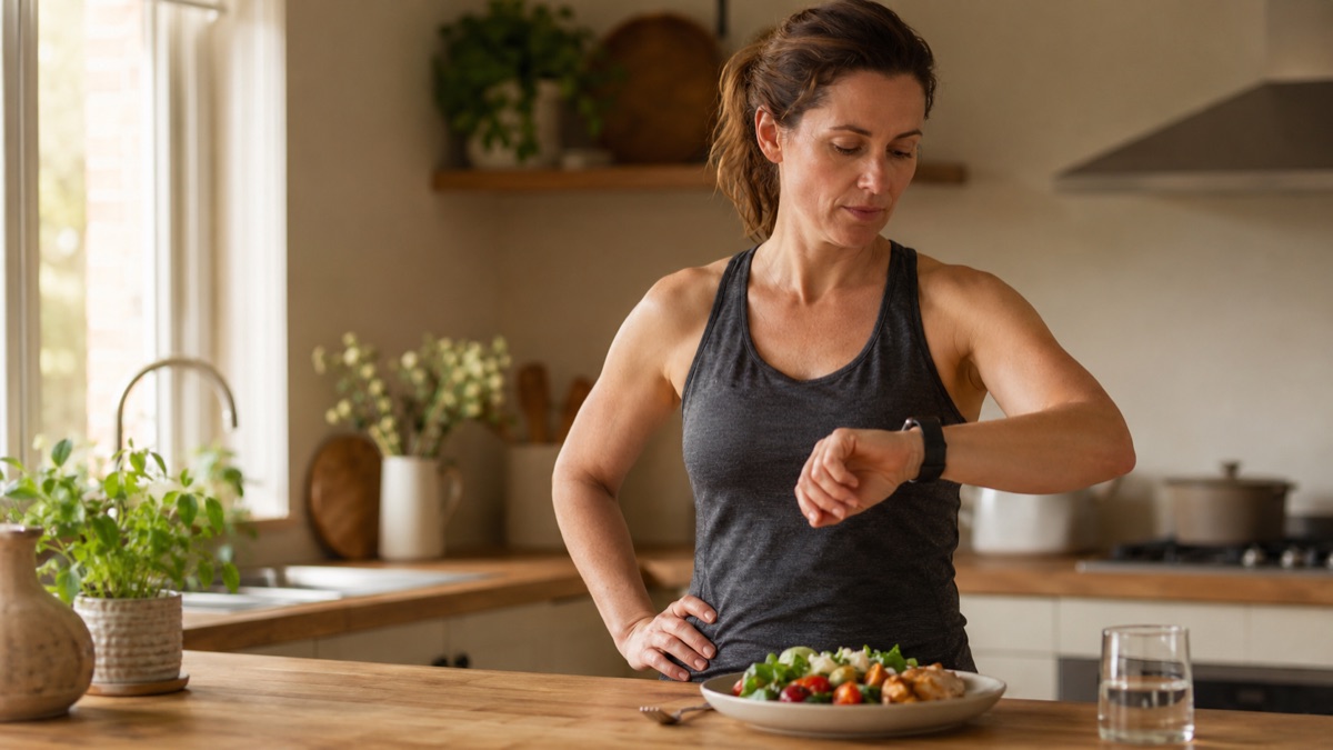 Woman glancing at her wristwatch beside a prepared meal on the counter