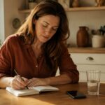A woman writing in a notebook at her kitchen table, tracking her symptoms