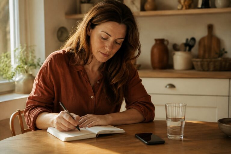 A woman writing in a notebook at her kitchen table, tracking her symptoms
