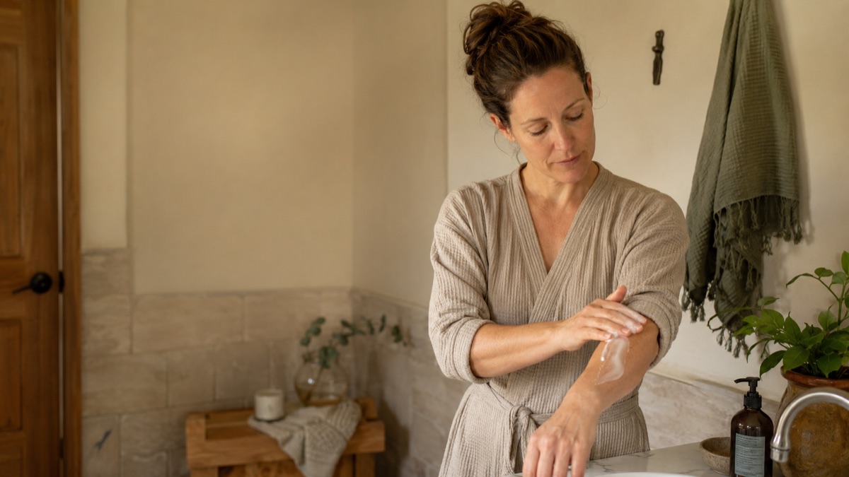 Woman applying body lotion along her forearm in warm bathroom light