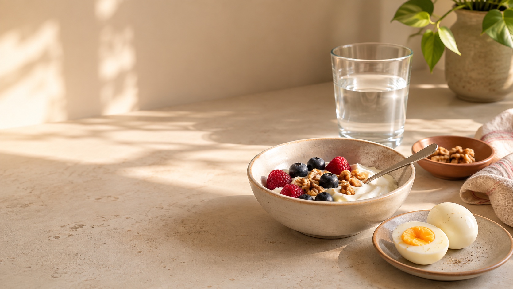 A nourishing perimenopause breakfast: yogurt with berries, walnuts, a boiled egg and a glass of water