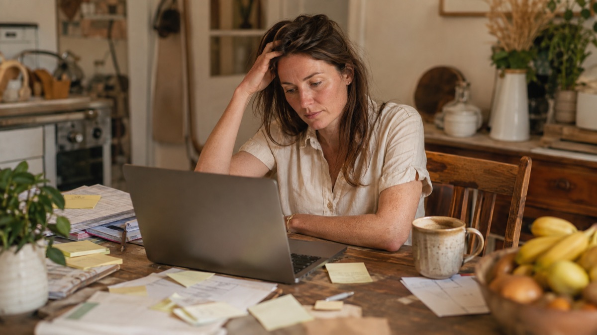 Woman at a cluttered kitchen table with sticky notes and a laptop, deep in thought