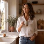 Woman in her fifties in a bright Australian kitchen with a coffee, considering her menopause care options