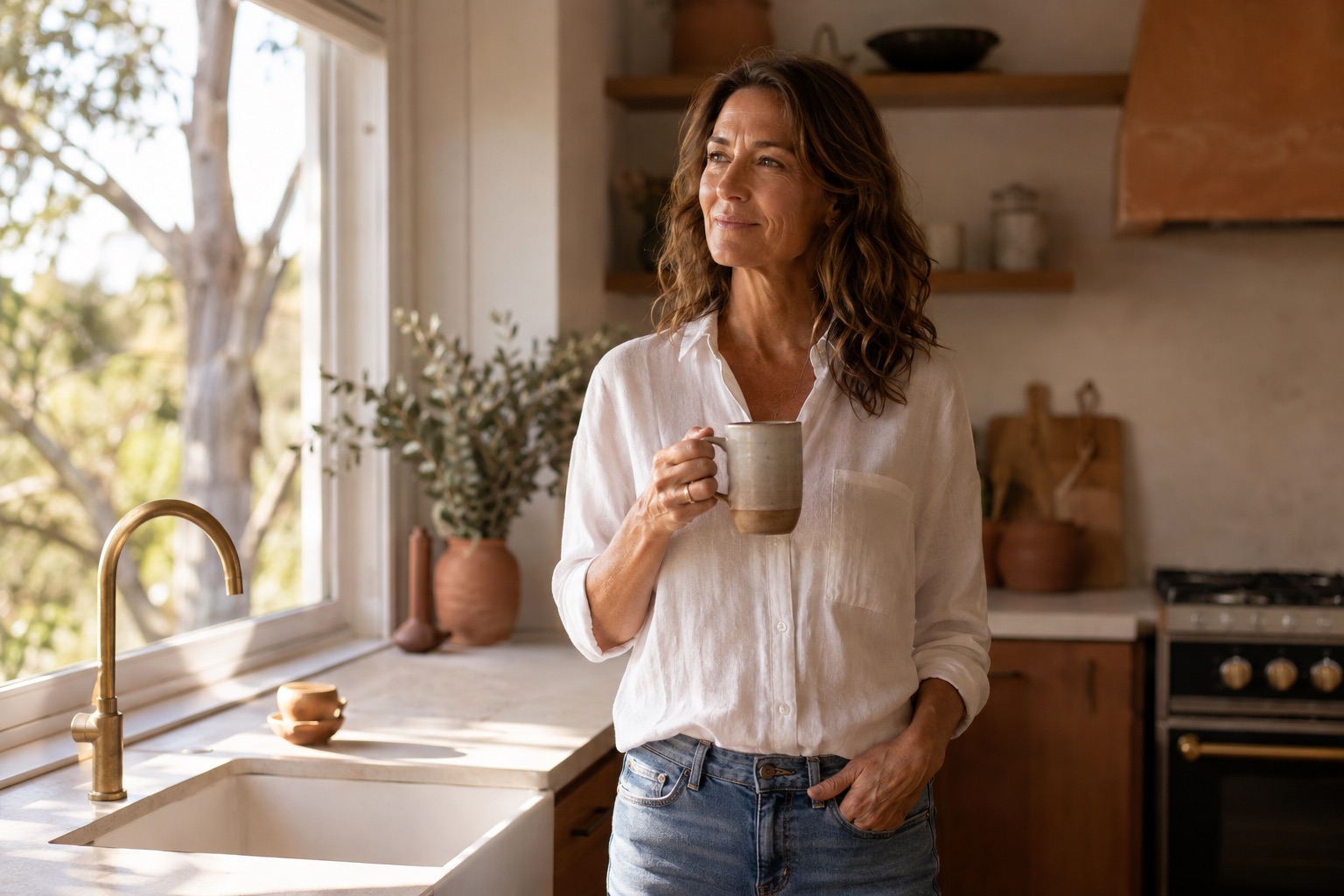 Woman in her fifties in a bright Australian kitchen with a coffee, considering her menopause care options