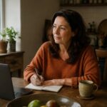 Woman in her fifties at a kitchen table in Ireland with a laptop and notebook, planning her menopause care