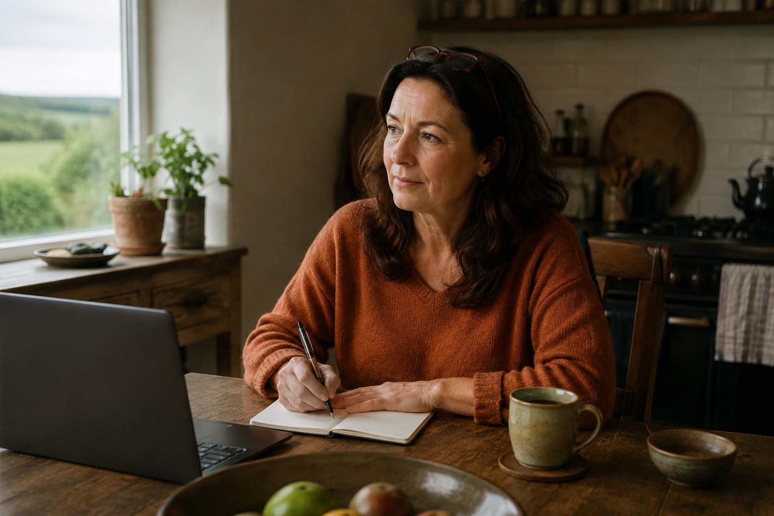 Woman in her fifties at a kitchen table in Ireland with a laptop and notebook, planning her menopause care