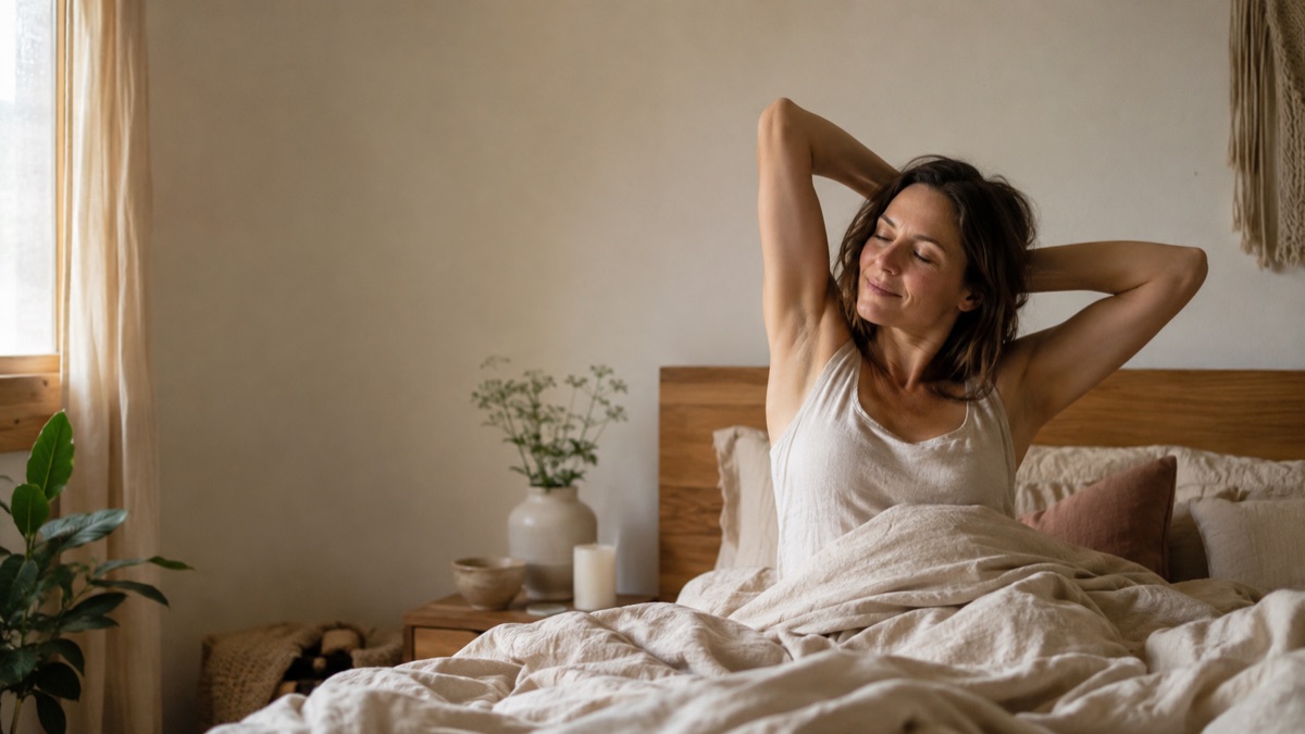Woman waking and stretching her arms in bed in warm morning light