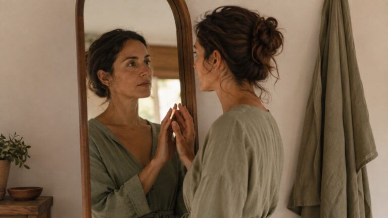 Woman looking thoughtfully at her reflection in a mirror