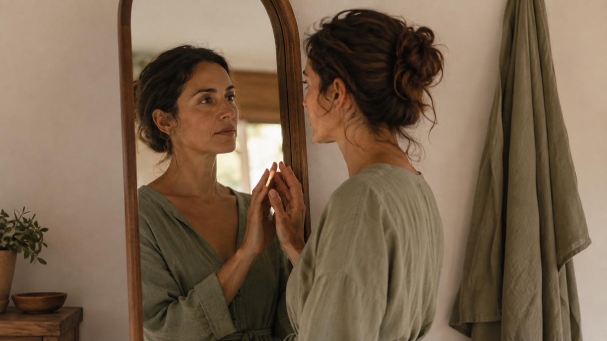 Woman looking thoughtfully at her reflection in a mirror