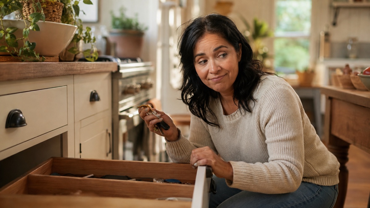 Woman crouched at an open kitchen drawer holding keys with a wry puzzled smile
