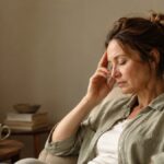 Woman resting near a curtained window with two fingers at her temple, managing a migraine