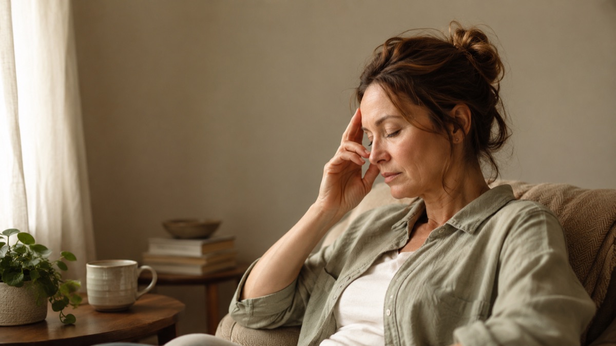 Woman resting near a curtained window with two fingers at her temple, managing a migraine
