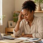 Tired woman at her desk resting her head in her hand