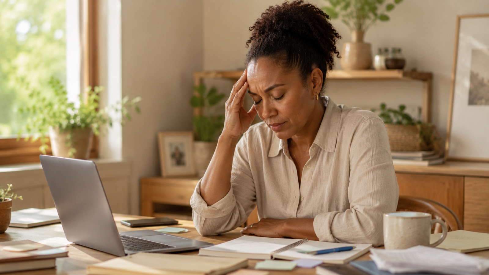 Tired woman at her desk resting her head in her hand